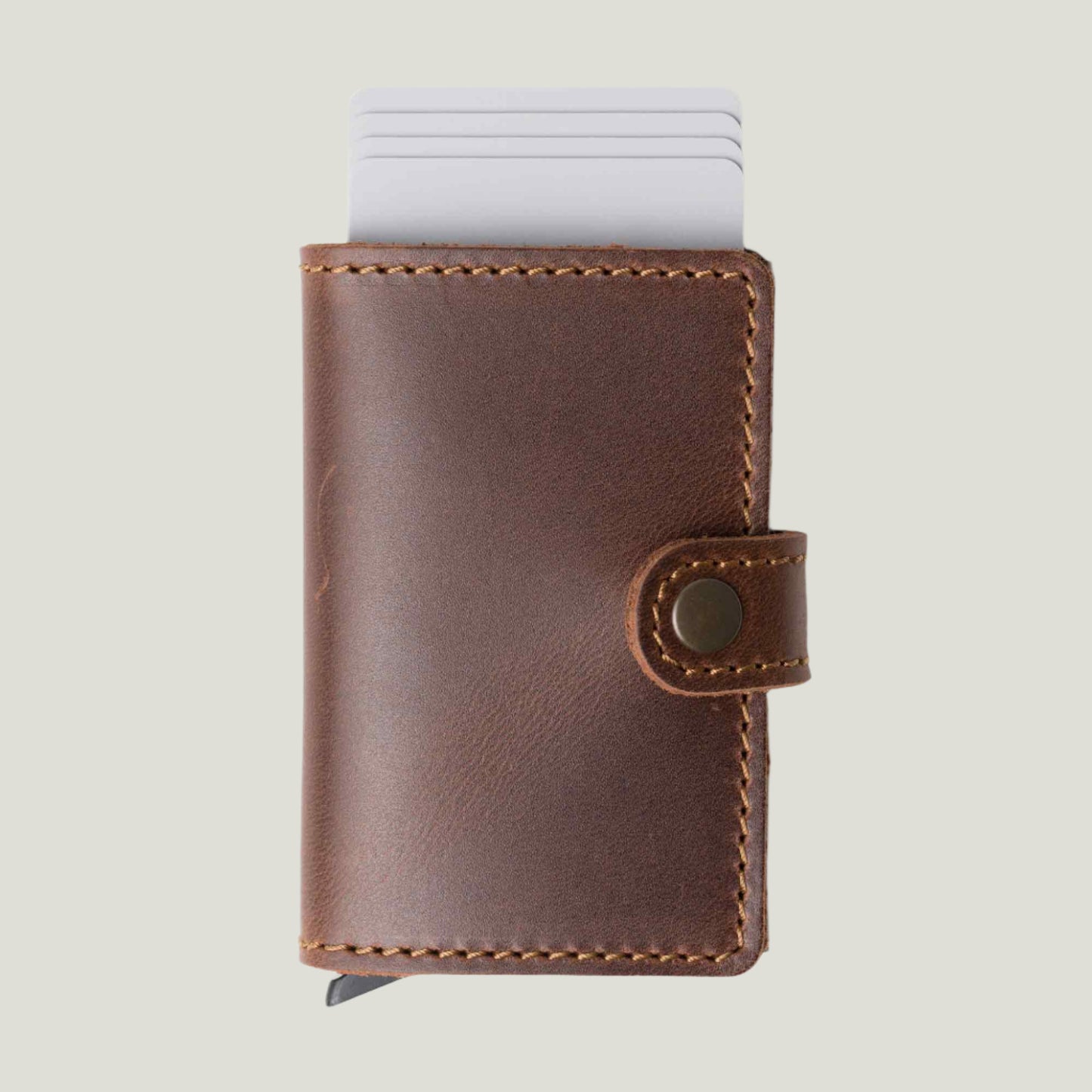 Handcrafted antique leather wallet with quick card access, compact design, and personalization option—perfect for timeless style and everyday convenience.