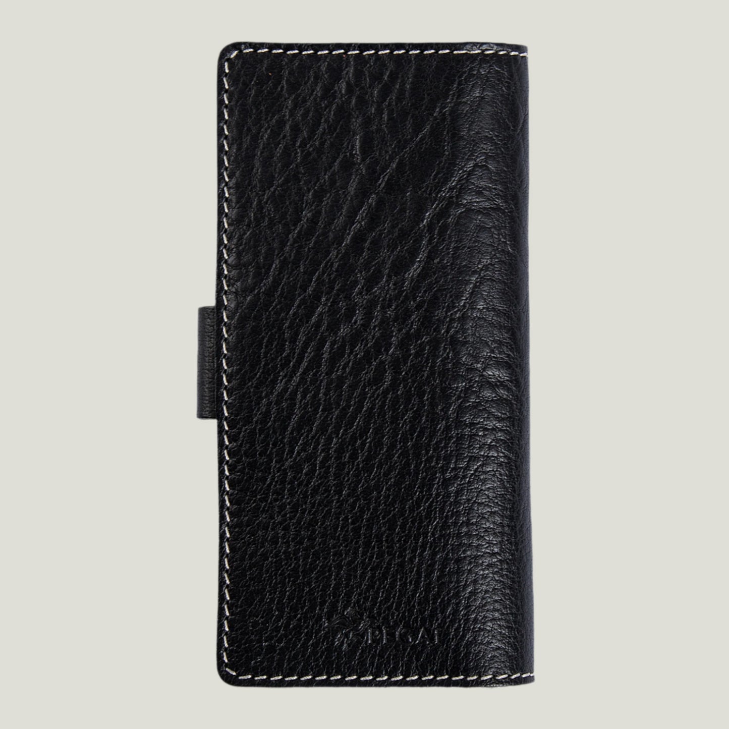 Phokion Black Clark Leather Checkbook Cover with antique brass snap, extra pocket, and personalized fire-branded initials, handcrafted in Ubrique by Tanner Leatherstein.