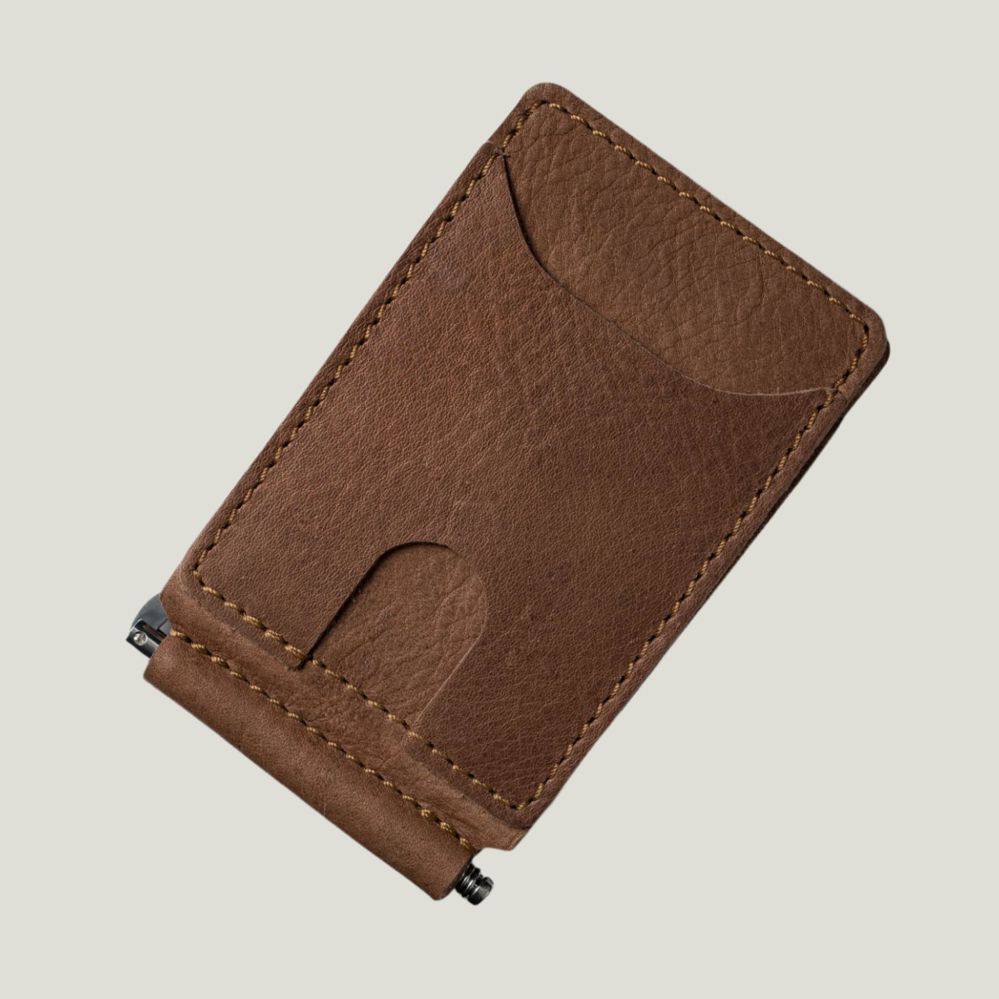 Mocha Max Leather Moneyclip Wallet by Atelier PEGAI, crafted in Ubrique, Spain. Sleek design with card slots, an ID holder, and a sturdy money clip.