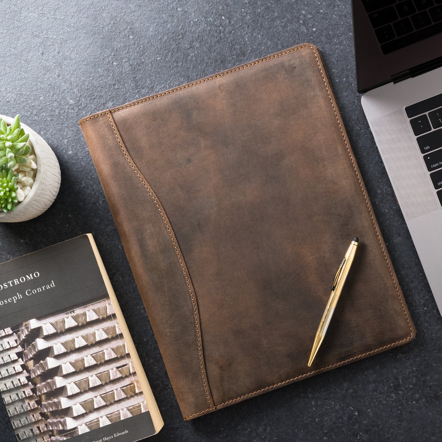Chestnut leather padfolio with pen holder, business card pocket, and A4 folder. Designed for legal pads. Expertly crafted by Atelier PEGAI for style and function.