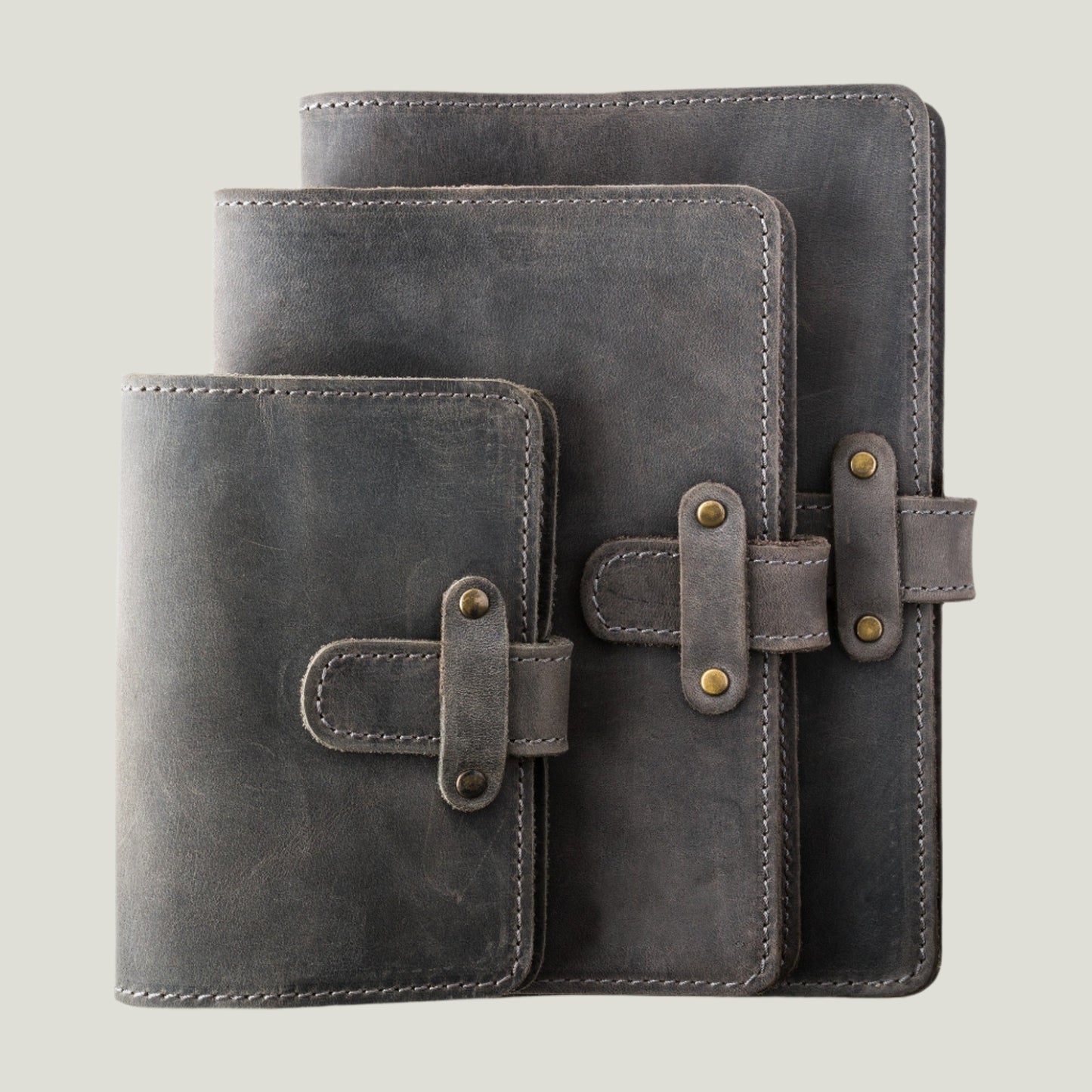 Handcrafted DuPage Leather Journal in Rock with antique brass hardware, refillable pages, and fire-branded personalization—perfect for notes and sketches.