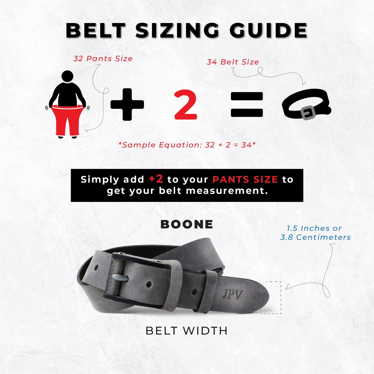 Close-up of the Boone Leather Belt in distressed leather, featuring a nickel buckle and leather-wrapped frame. Personalizable with fire-branded initials.