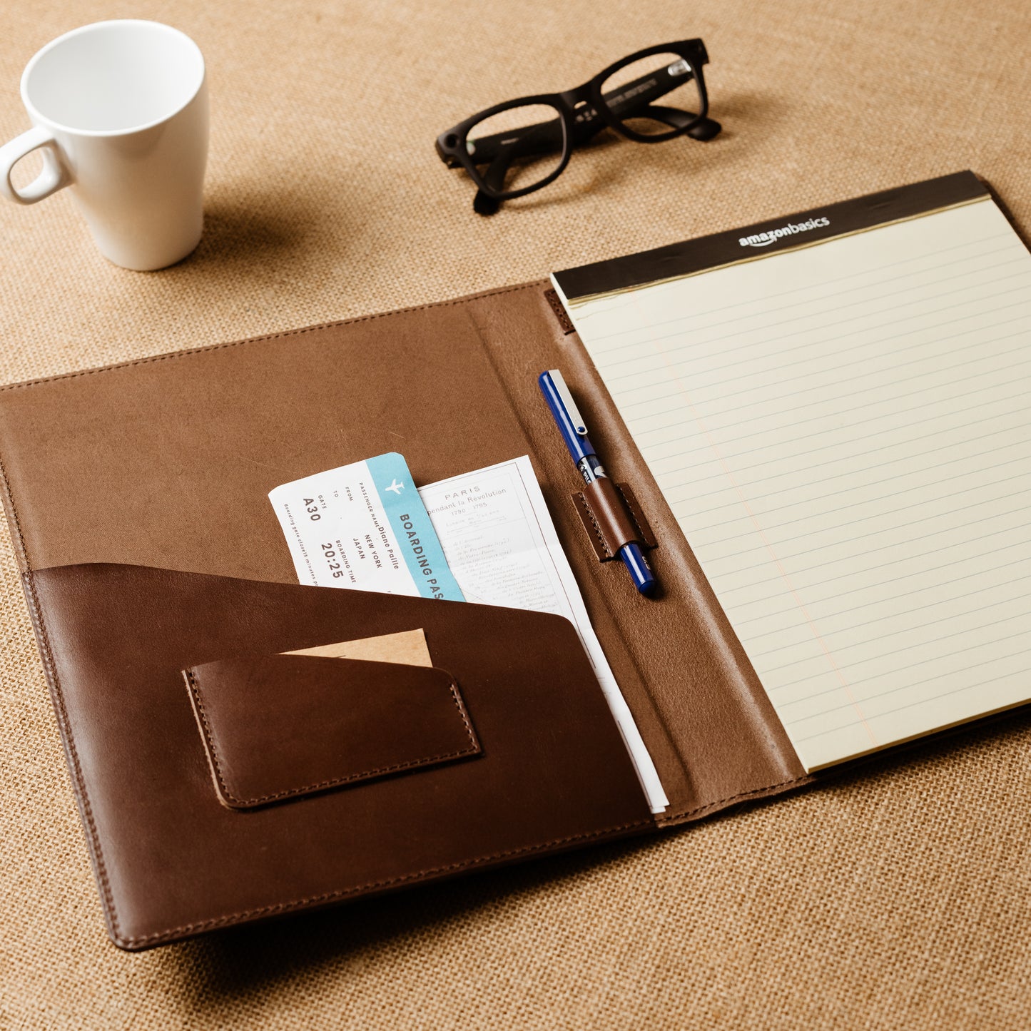 Slim leather padfolio in Barkley Brown with pen holder, business card pocket, and A4 folder—crafted by Tanner Leatherstein for legal pads.