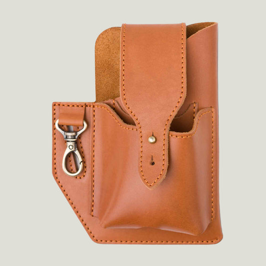 Handcrafted Tech Cowboy Leather Phone Holster in Maui Taba, designed for secure, hands-free carry. Features wallet pocket, ID slot, and key holder.