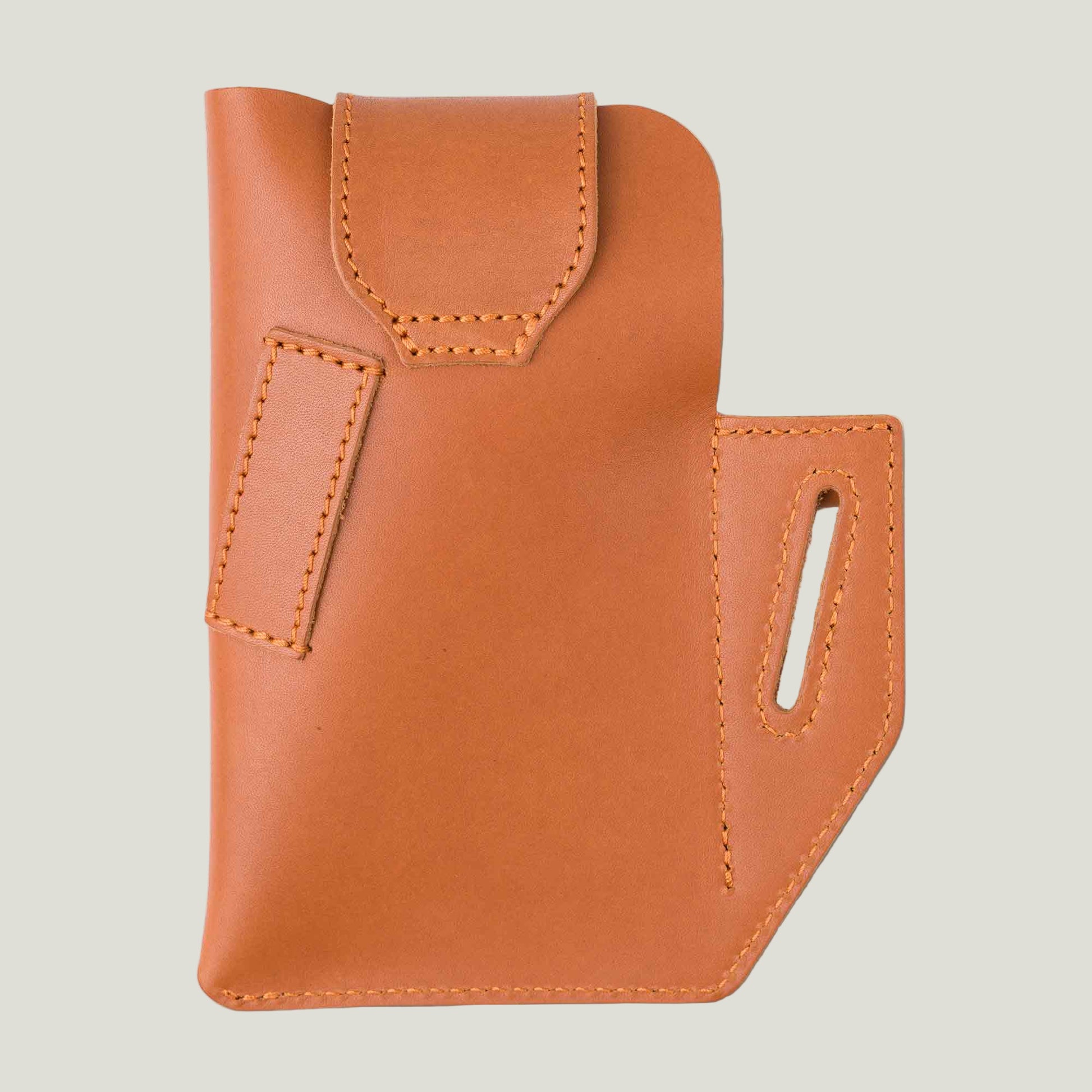 Handcrafted Tech Cowboy Leather Phone Holster in Maui Taba, designed for secure, hands-free carry. Features wallet pocket, ID slot, and key holder.