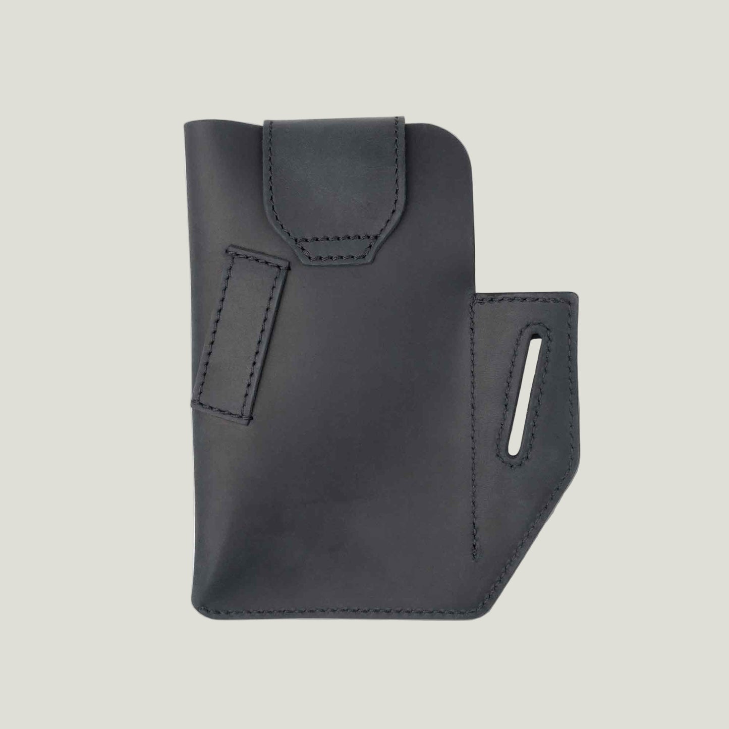 Charcoal leather phone holster with belt loop, featuring a wallet pocket, ID card slot, and key holder—crafted by Atelier PEGAI for durability and style.