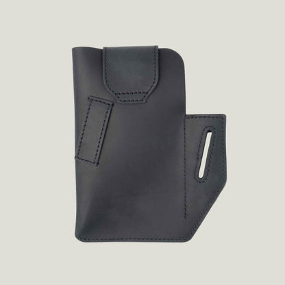 Charcoal leather phone holster with belt loop, featuring a wallet pocket, ID card slot, and key holder—crafted by Atelier PEGAI for durability and style.