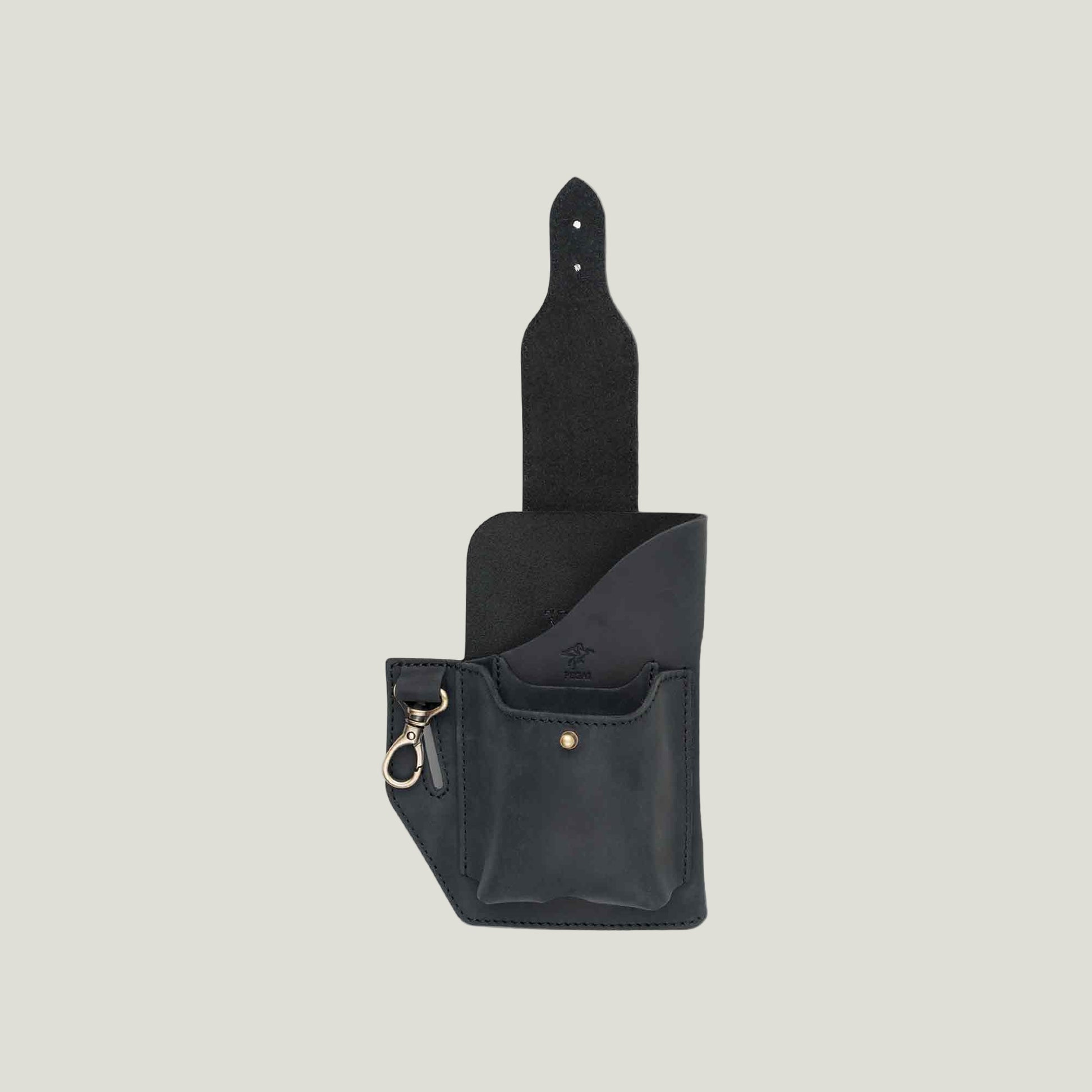 Charcoal leather phone holster with belt loop, featuring a wallet pocket, ID card slot, and key holder—crafted by Atelier PEGAI for durability and style.