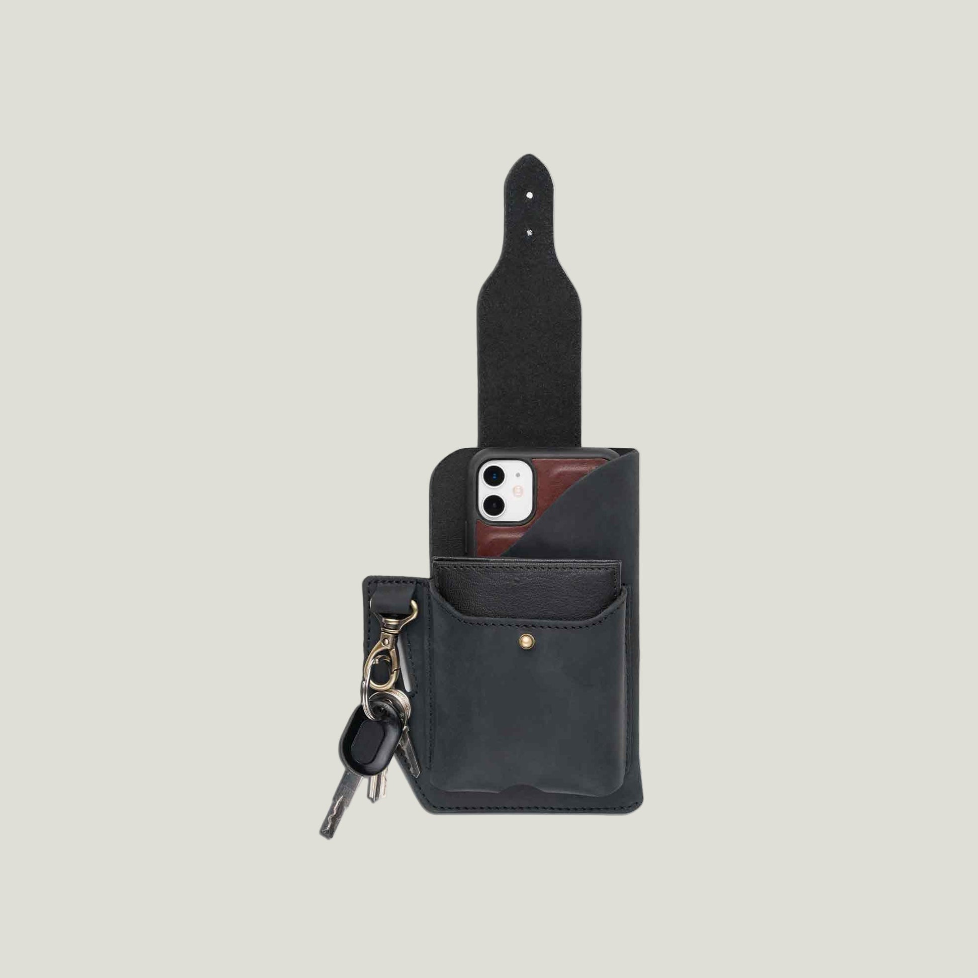Charcoal leather phone holster with belt loop, featuring a wallet pocket, ID card slot, and key holder—crafted by Atelier PEGAI for durability and style.