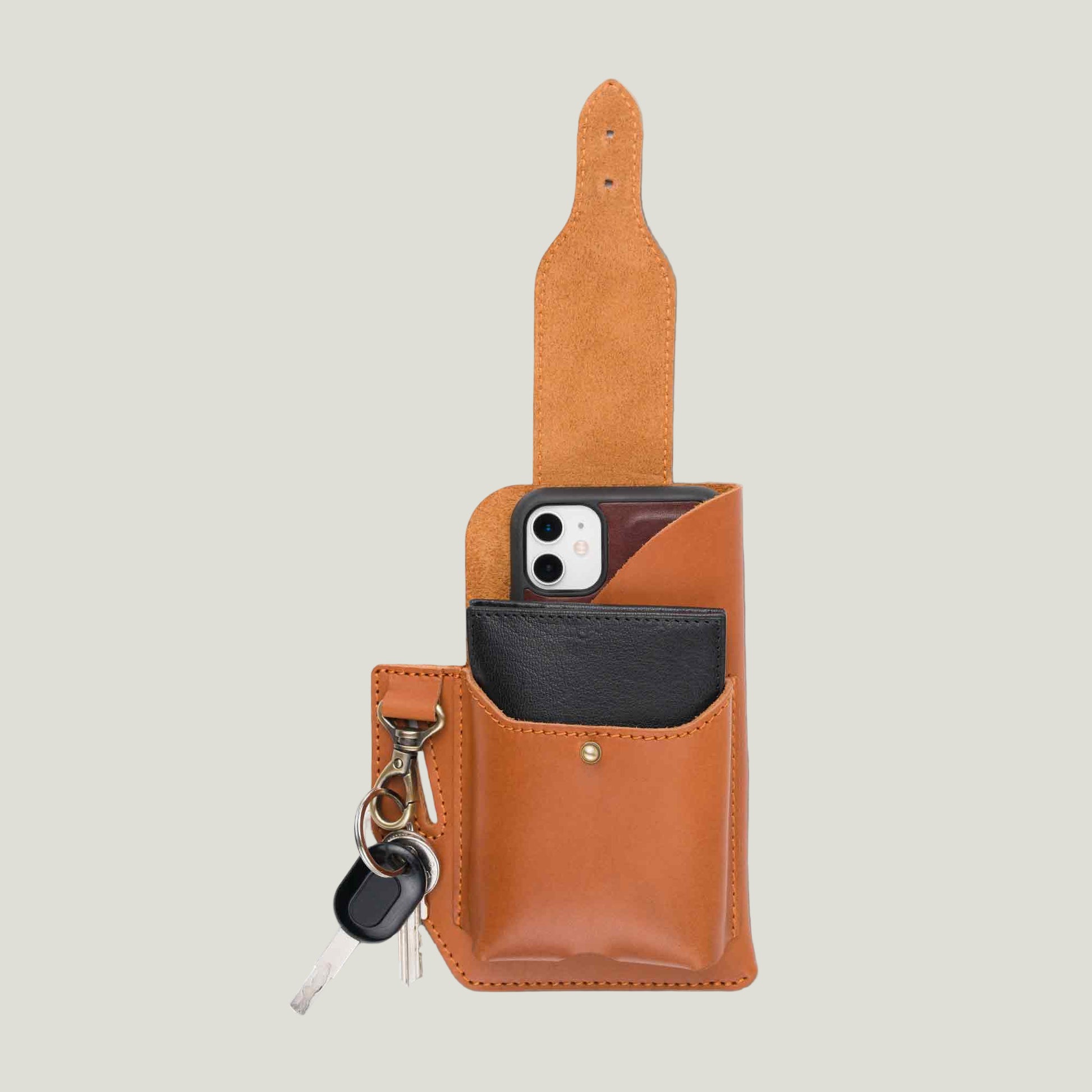Handcrafted Tech Cowboy Leather Phone Holster in Maui Taba, designed for secure, hands-free carry. Features wallet pocket, ID slot, and key holder.