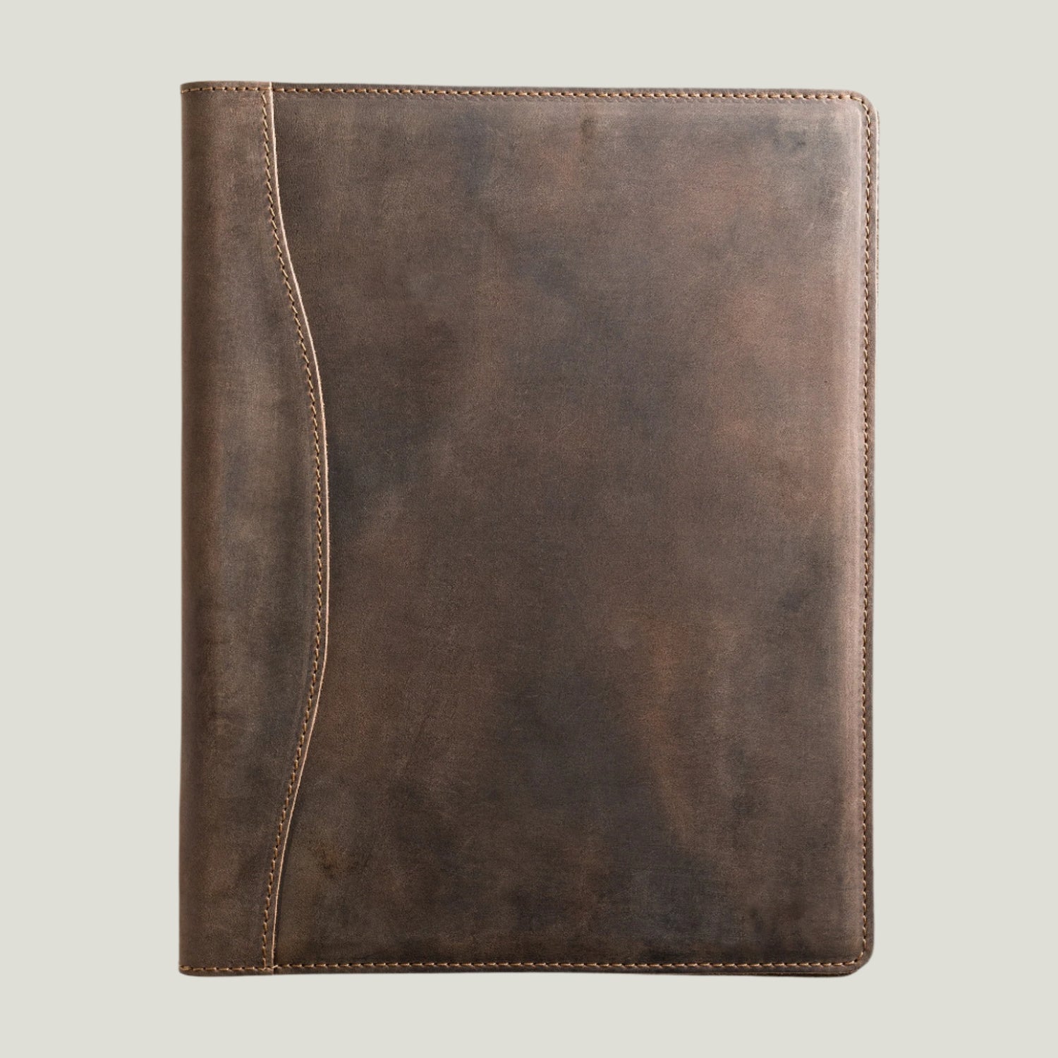 Chestnut leather padfolio with pen holder, business card pocket, and A4 folder. Designed for legal pads. Expertly crafted by Atelier PEGAI for style and function.