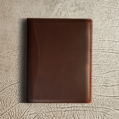 Front view of the closed Marshall Leather Legal Padfolio in Djor Brown, placed on a soft textured background. Its clean silhouette and rich leather tone speak to timeless design and purposeful simplicity—crafted for lasting impressions.