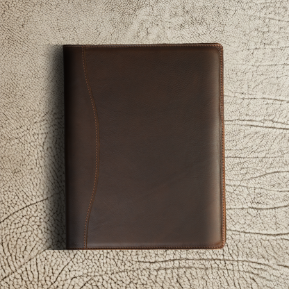 Marshall Leather Legal Padfolio in Dymnos Brown, closed and resting on a neutral textured background. Features a smooth silhouette in full-grain leather with subtle curves and saddle stitching—elegant, understated, and made to leave a lasting impression.