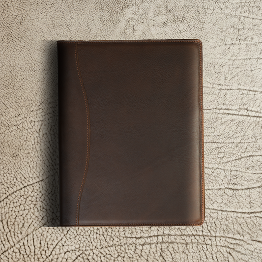 Marshall Leather Legal Padfolio in Dymnos Brown, closed and resting on a neutral textured background. Features a smooth silhouette in full-grain leather with subtle curves and saddle stitching—elegant, understated, and made to leave a lasting impression.
