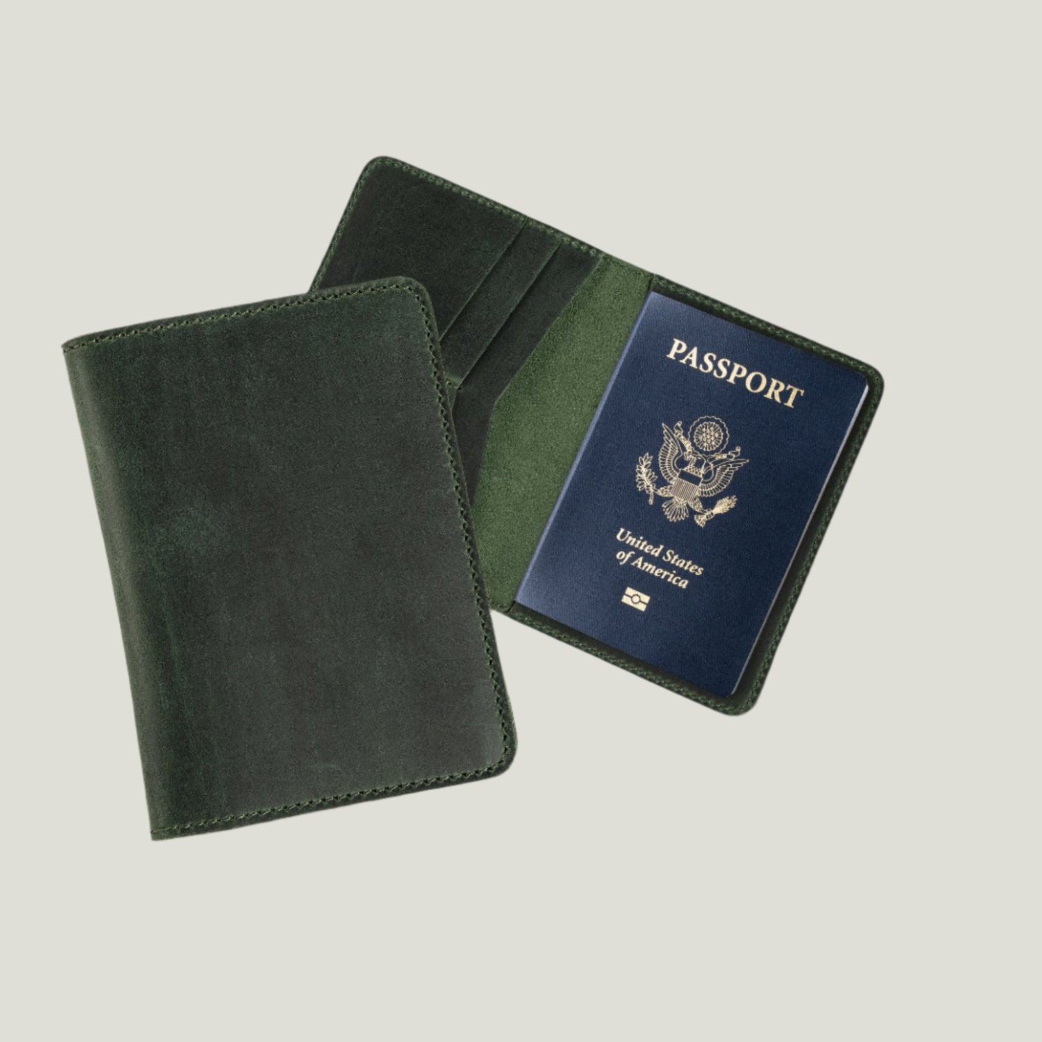 Green Pike Leather Passport Wallet by Atelier PEGAI, handcrafted with premium leather, featuring card slots and personalization for a stylish, travel-ready look.