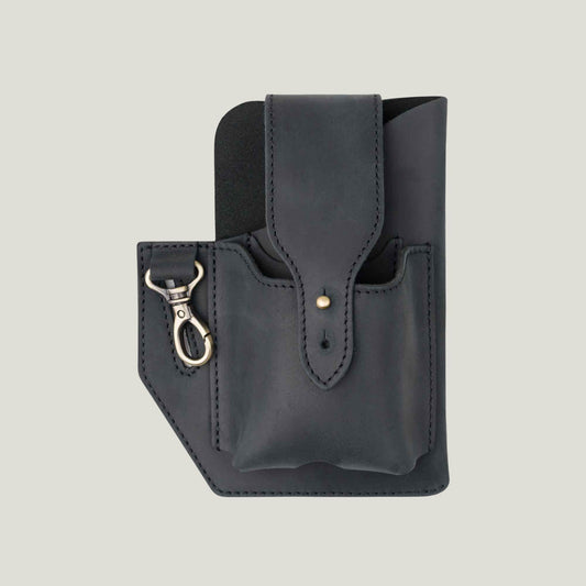 Charcoal leather phone holster with belt loop, featuring a wallet pocket, ID card slot, and key holder—crafted by Atelier PEGAI for durability and style.