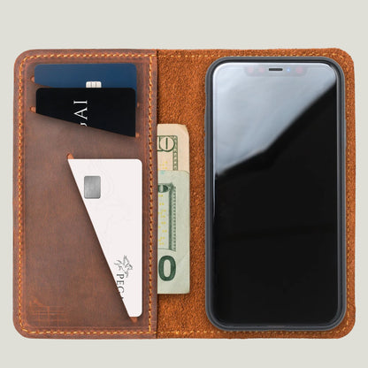 Open mahogany leather iPhone wallet case with three card slots and a cash pocket, shown with cards and US bills inside.