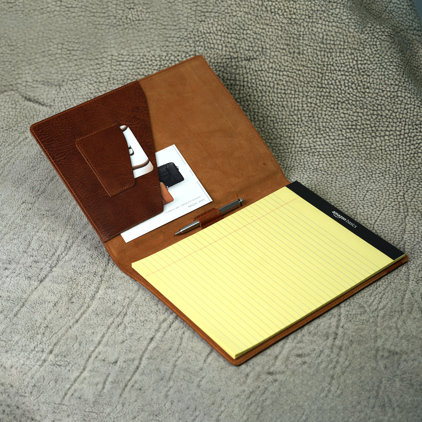 Marshall Leather Legal Padfolio in Missouri Dark Brown, open to show a pen holder, card pocket, and legal pad slot. A rugged yet refined organizer for meetings, ideas, and everyday confidence—designed to hold your essentials, not distractions.