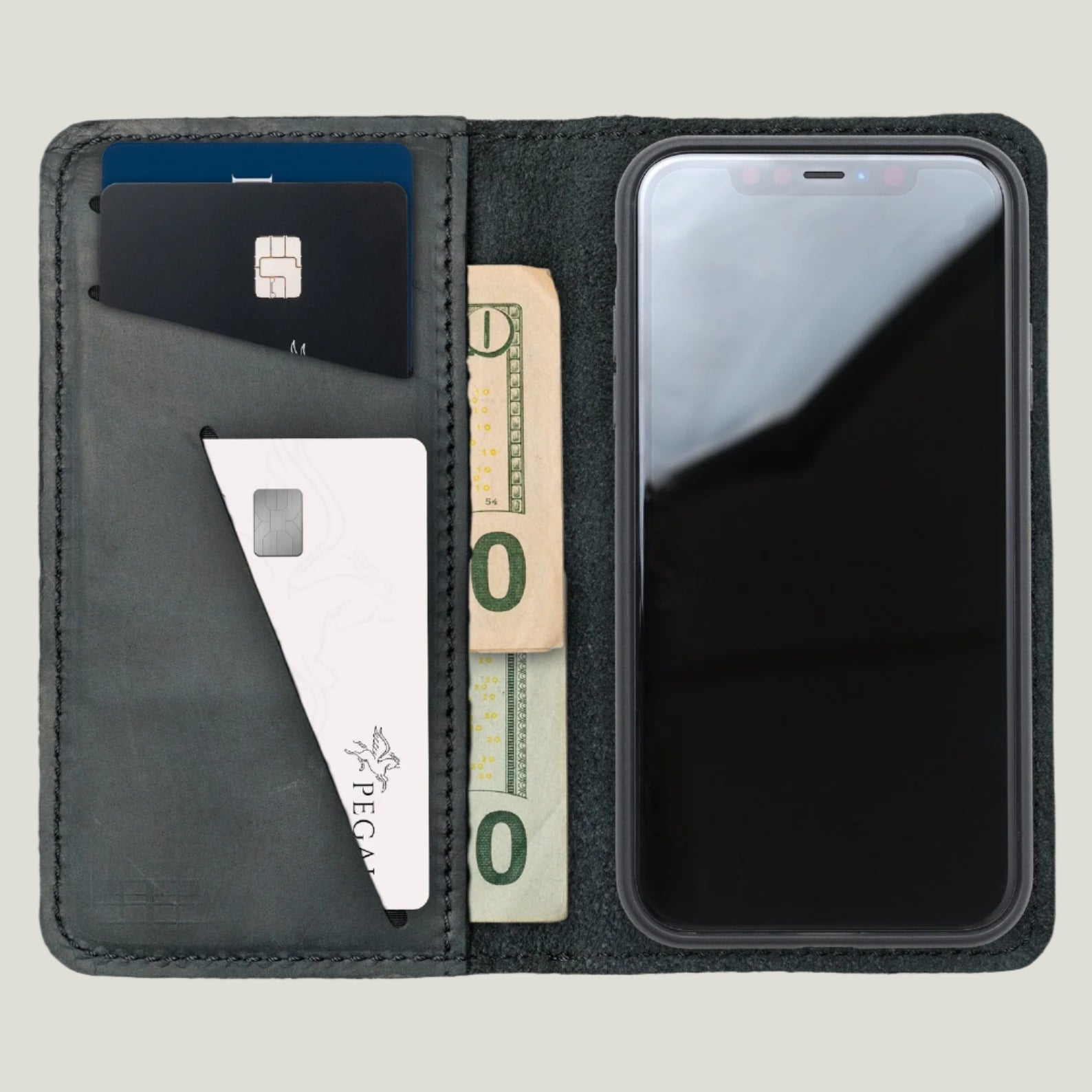 Side angle of the McLean wallet illustrating the magnetic attachment between the phone case and wallet, emphasizing the ease of detachment.