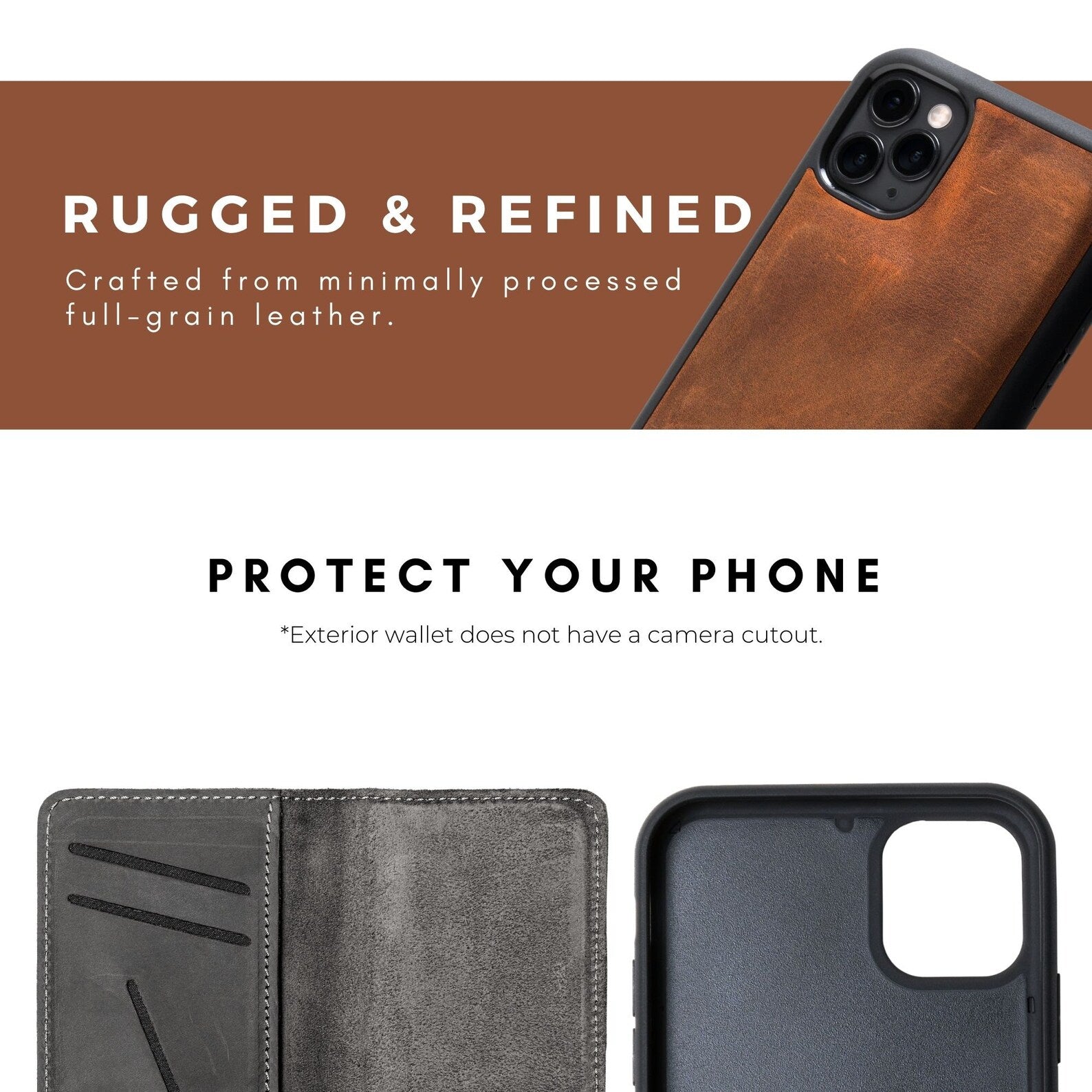 Promotional graphic showing mahogany leather iPhone wallet case with message about full-grain leather and no exterior camera cutout for added phone protection.