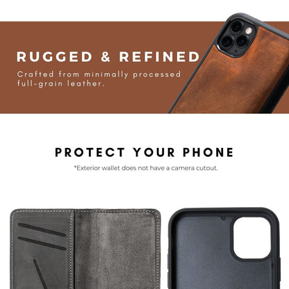 Promotional graphic showing mahogany leather iPhone wallet case with message about full-grain leather and no exterior camera cutout for added phone protection.