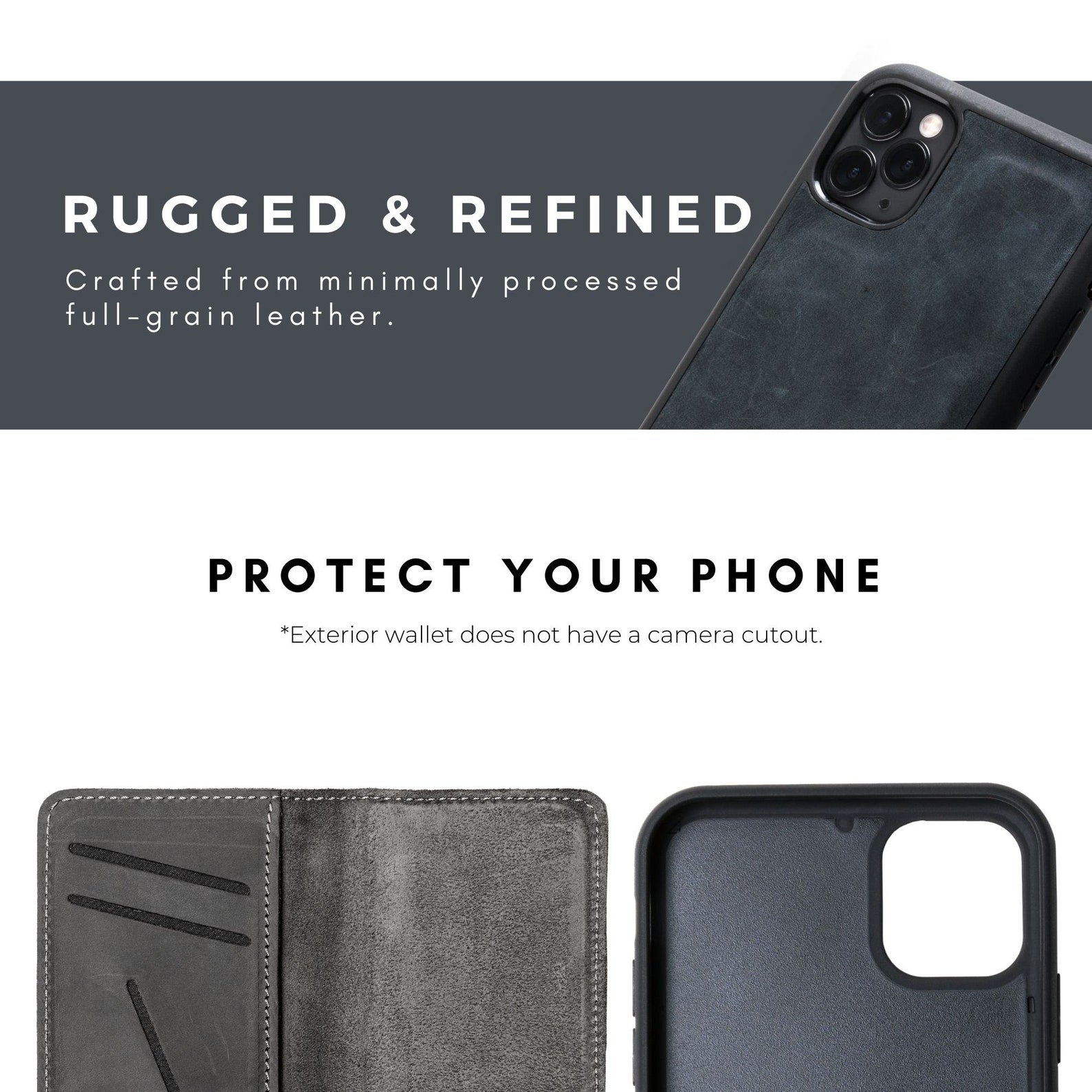 Back view of the detached phone case from the McLean wallet, showing the raised lip design for added screen protection.
