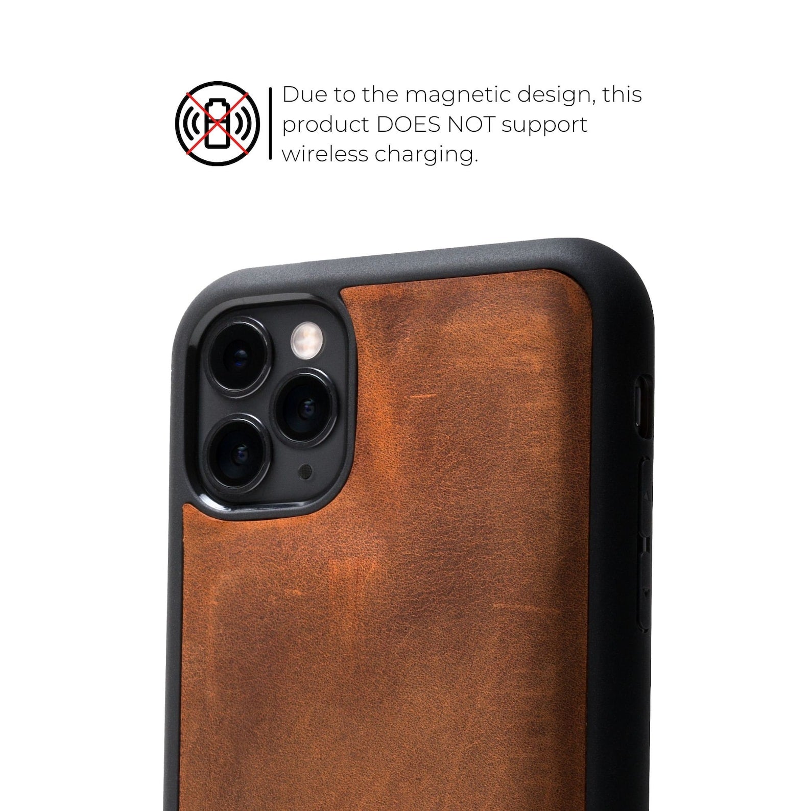 Mahogany leather iPhone case with black bumper, shown with warning that magnetic design does not support wireless charging.