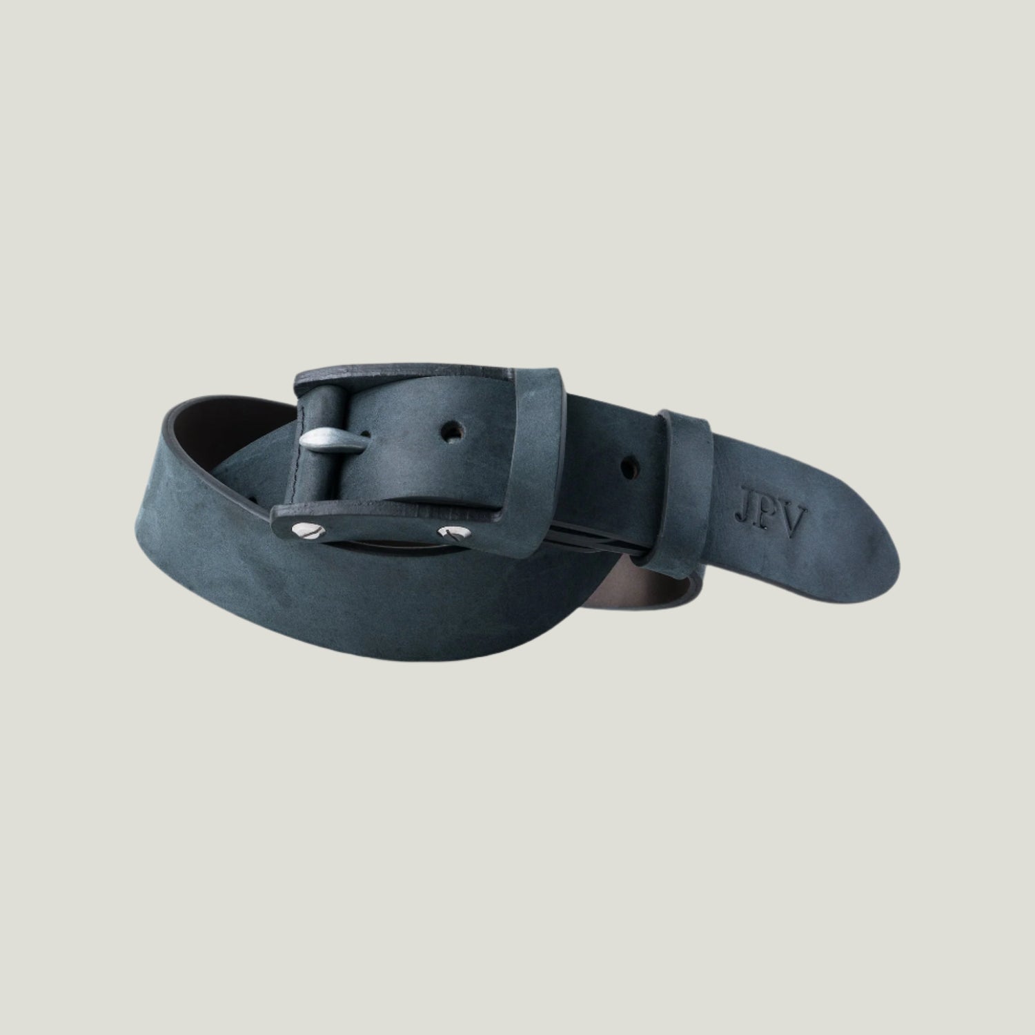 Close-up of the Boone Leather Belt in distressed charcoal leather, featuring a nickel buckle and leather-wrapped frame. Personalizable with fire-branded initials.