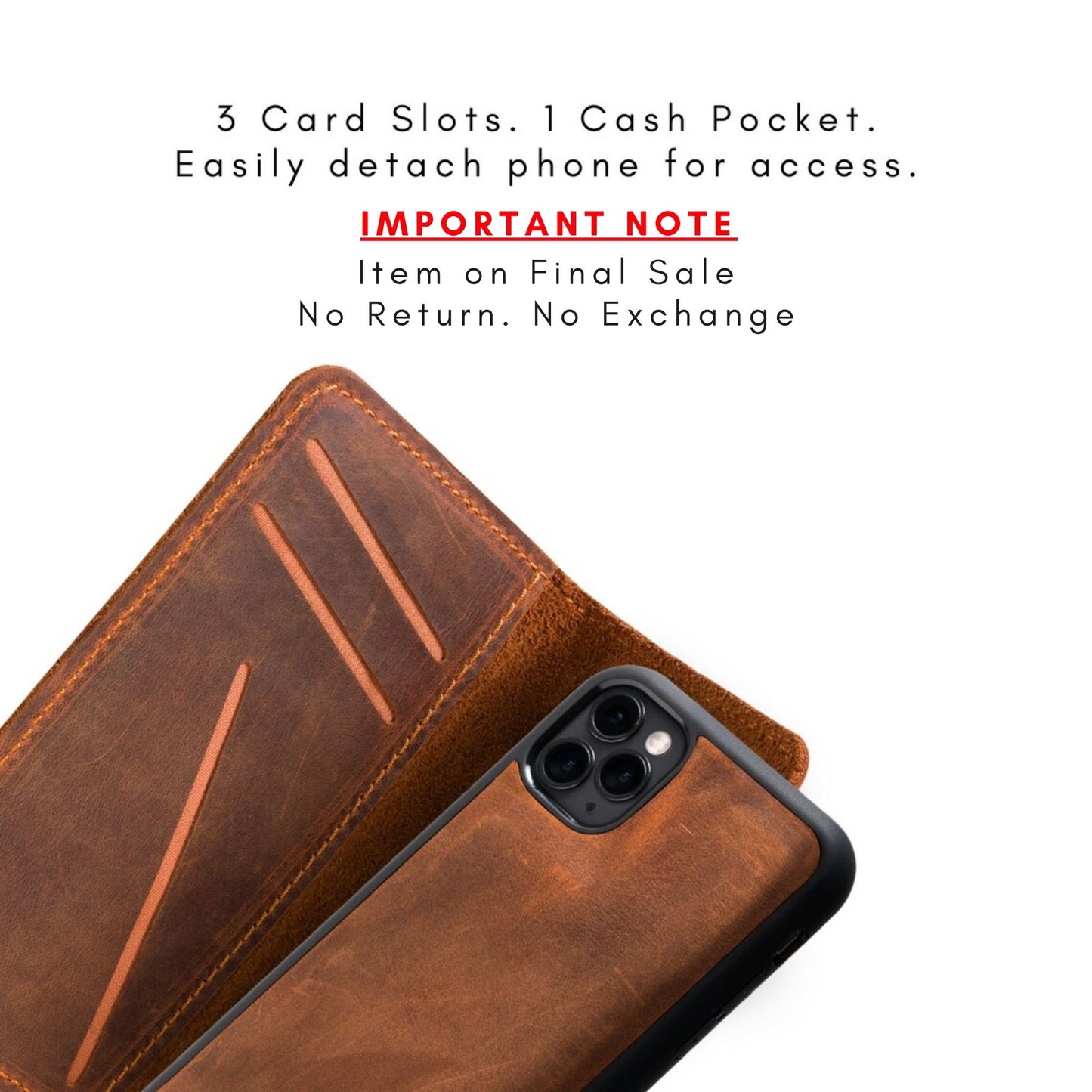 Mahogany leather iPhone wallet case with text highlighting 3 card slots, 1 cash pocket, detachable phone design, and final sale notice.