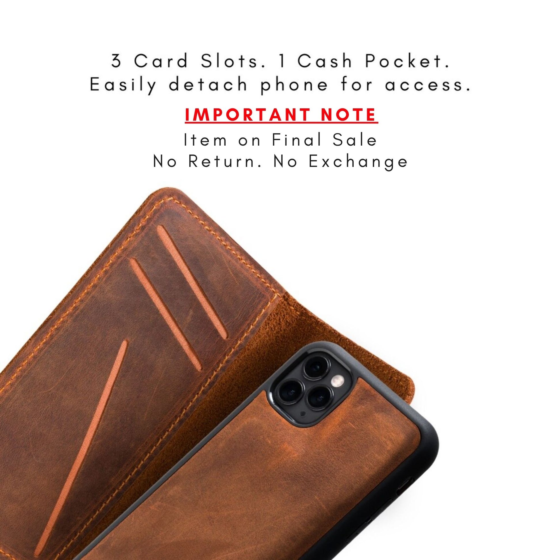 Mahogany leather iPhone wallet case with text highlighting 3 card slots, 1 cash pocket, detachable phone design, and final sale notice.