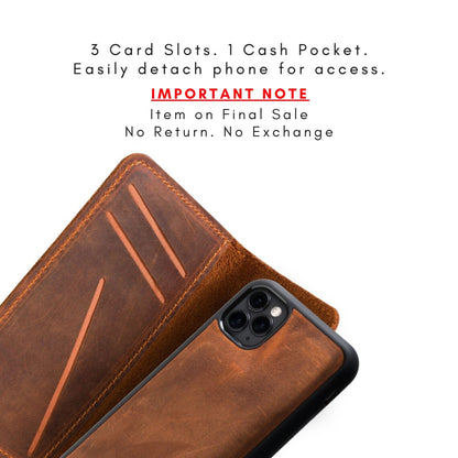 Mahogany leather iPhone wallet case with text highlighting 3 card slots, 1 cash pocket, detachable phone design, and final sale notice.